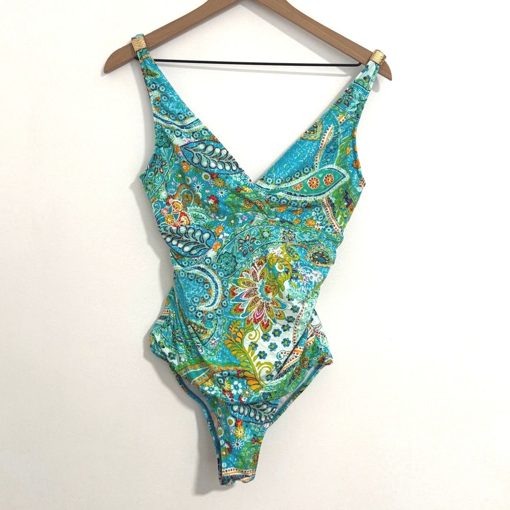 Lauren Ralph Lauren One Piece Swimsuit Women 8 Blue Paisley Floral Ruched V-Neck